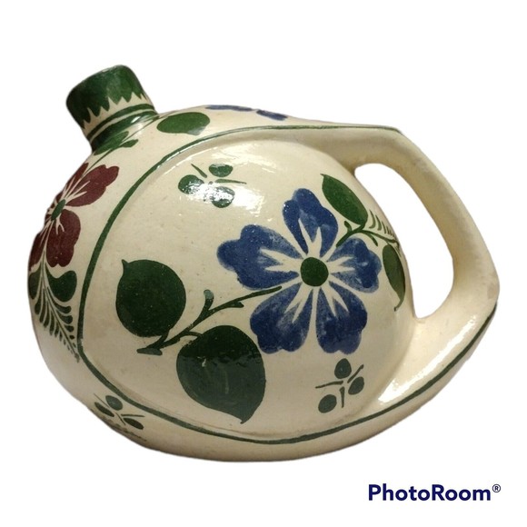 Hand Painted Oil Pitcher Floral Blue Green Made in Mexico Round-ish Shape - Picture 2 of 8